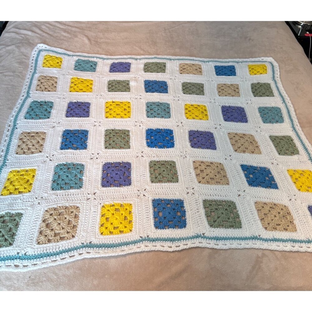 Crochet afghan vintage granny square  blanket throw blue green yellow purple tan